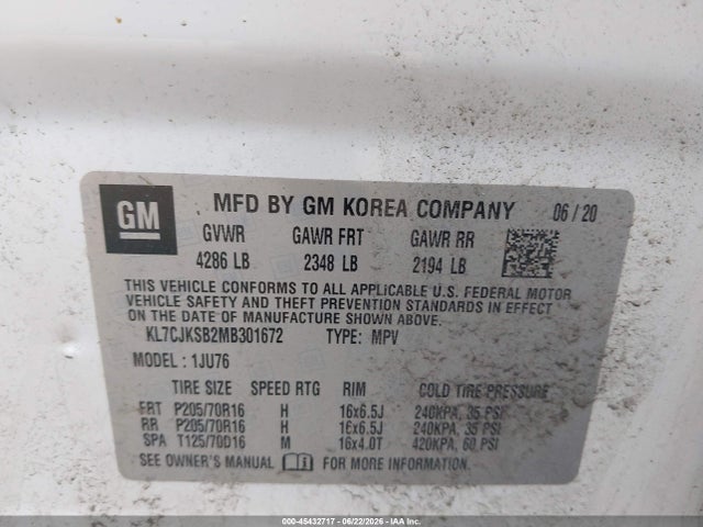 KL7CJKSB2MB301672 Chevrolet Trax Fwd Ls