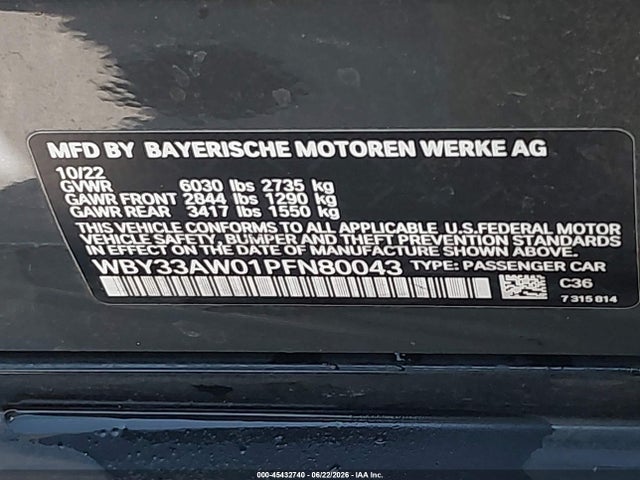 Aukcja sprzedaży 2023 Bmw I4 M50, vin: WBY33AW01PFN80043, numer aukcji: 45432740
