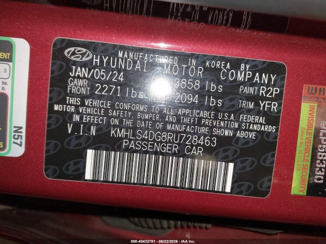 45432781 :رقم المزاد ، KMHLS4DG8RU728463 vin ، 2024 Hyundai Elantra Sel مزاد بيع