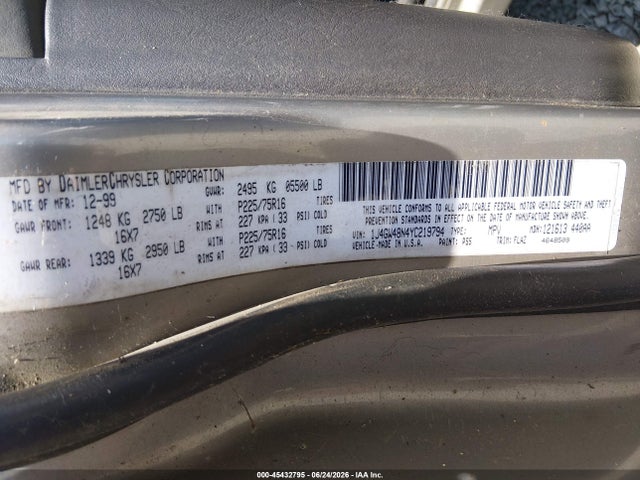 Aukcja sprzedaży 2000 Jeep Grand Cherokee Laredo, vin: 1J4GW48N4YC219794, numer aukcji: 45432795