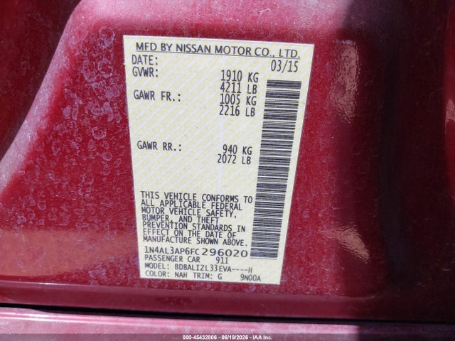 1N4AL3AP6FC296020 Nissan Altima 2.5 Sv