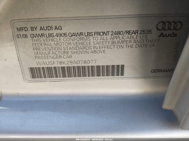 45432810 :رقم المزاد ، WAUSF78K29A078077 vin ، 2009 Audi A4 2.0t Premium مزاد بيع