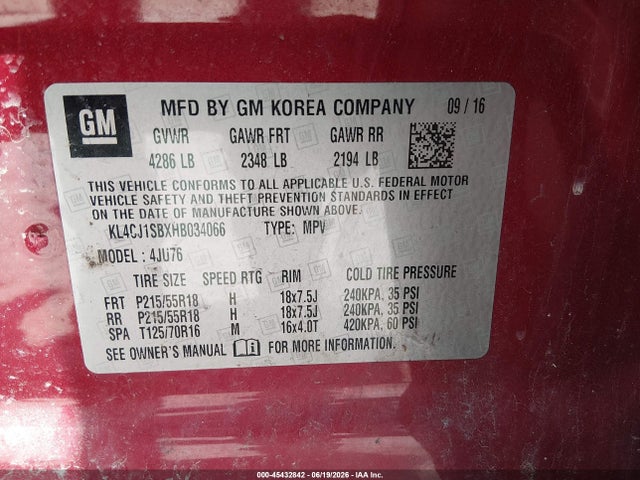 Продаж на аукціоні авто 2017 Buick Encore Sport Touring, vin: KL4CJ1SBXHB034066, номер лоту: 45432842