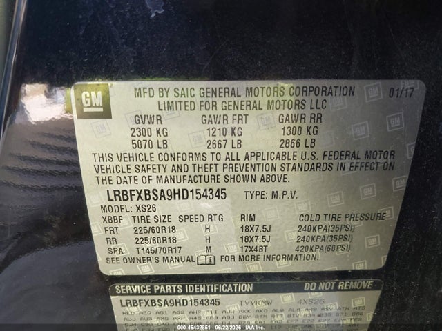 45432851 :رقم المزاد ، LRBFXBSA9HD154345 vin ، 2017 Buick Envision Essence مزاد بيع