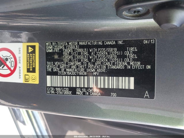45432856 :رقم المزاد ، 2T2ZK1BA3DC118838 vin ، 2013 Lexus Rx 350 مزاد بيع