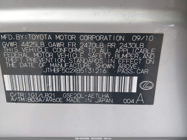 Aukcja sprzedaży 2011 Lexus Is 250, vin: JTHBF5C2XB5131216, numer aukcji: 45432866