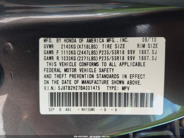 45432868 :رقم المزاد ، 5J8TB2H27BA001475 vin ، 2011 Acura Rdx مزاد بيع