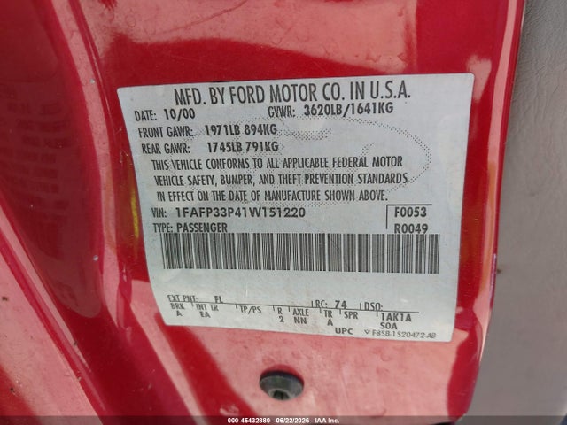 45432880 :رقم المزاد ، 1FAFP33P41W151220 vin ، 2001 Ford Focus Lx مزاد بيع