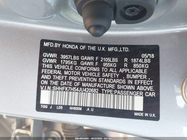 Honda CIVIC EX 2018 SHHFK7H54JU420682 Image 9