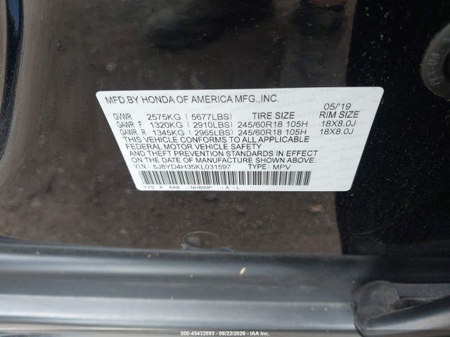 2019 Acura Mdx Standard მანქანა იყიდება აუქციონზე, vin: 5J8YD4H35KL031597, აუქციონის ნომერი: 45432893