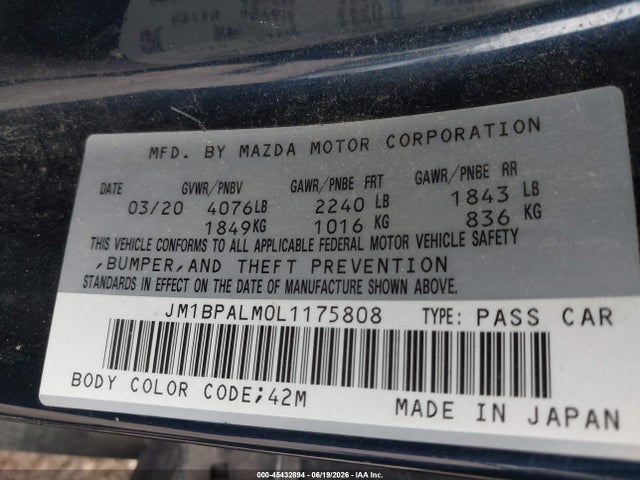 45432894 :رقم المزاد ، JM1BPALM0L1175808 vin ، 2020 Mazda Mazda3 مزاد بيع