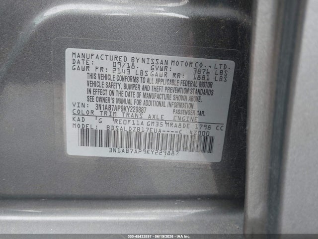 45432897 :رقم المزاد ، 3N1AB7AP9KY229887 vin ، 2019 Nissan Sentra Sv مزاد بيع