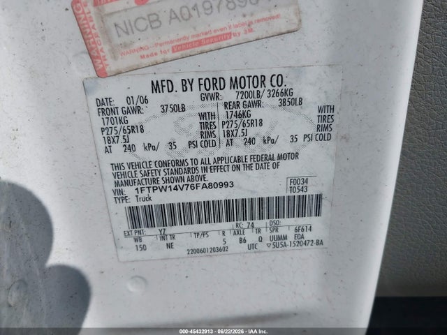 Aukcja sprzedaży 2006 Ford F-150 Fx4/lariat/xlt, vin: 1FTPW14V76FA80993, numer aukcji: 45432913
