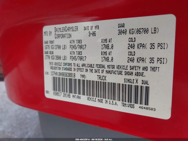 Aukcja sprzedaży 2006 Dodge Ram 1500 Slt, vin: 1D7HA18N96S638918, numer aukcji: 45432914