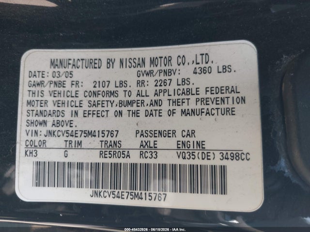 45432926 :رقم المزاد ، JNKCV54E75M415767 vin ، 2005 Infiniti G35 مزاد بيع