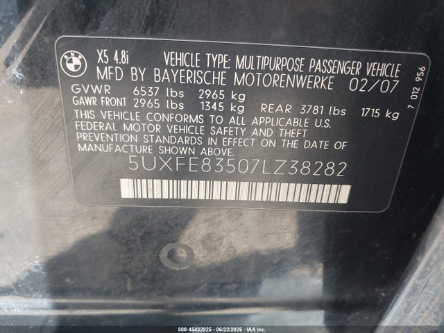 Продаж на аукціоні авто 2007 Bmw X5 4.8i, vin: 5UXFE83507LZ38282, номер лоту: 45432925
