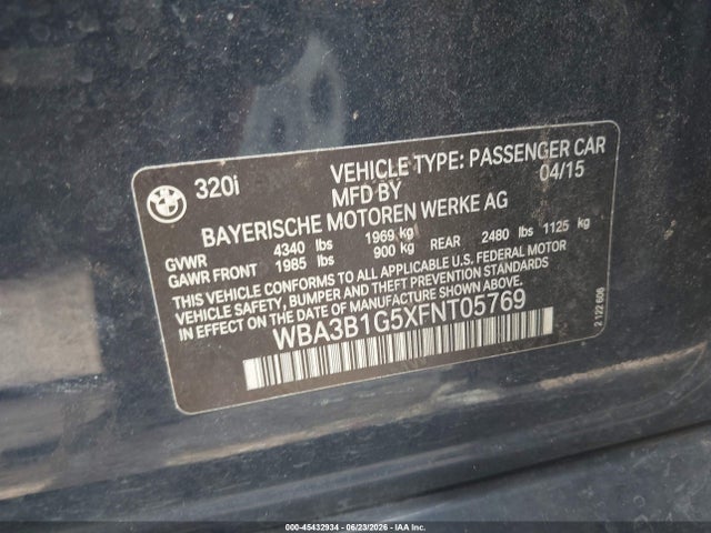 2015 Bmw 320i მანქანა იყიდება აუქციონზე, vin: WBA3B1G5XFNT05769, აუქციონის ნომერი: 45432934