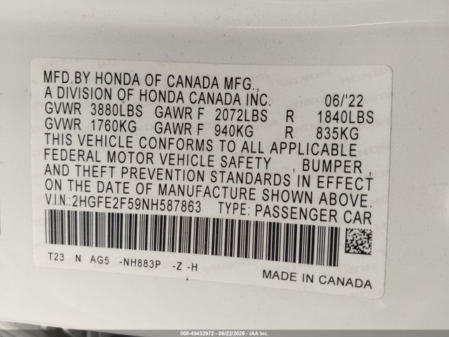 2HGFE2F59NH587863 Honda Civic Sport