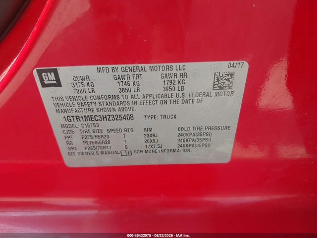 Продаж на аукціоні авто 2017 Gmc Sierra 1500 Sle, vin: 1GTR1MEC3HZ325408, номер лоту: 45432975