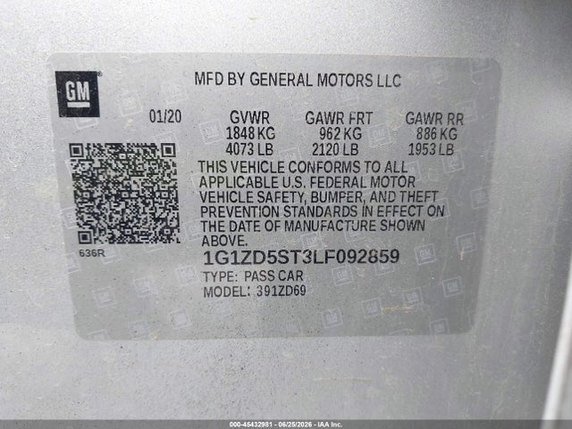 1G1ZD5ST3LF092859 Chevrolet Malibu Fwd Lt