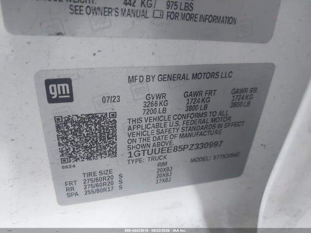 Aukcja sprzedaży 2023 Gmc Sierra 1500 4wd  Short Box At4, vin: 1GTUUEE85PZ330997, numer aukcji: 45433018