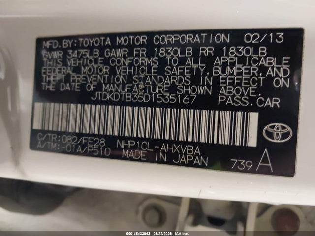 2013 Toyota Prius C One მანქანა იყიდება აუქციონზე, vin: JTDKDTB35D1535167, აუქციონის ნომერი: 45433043