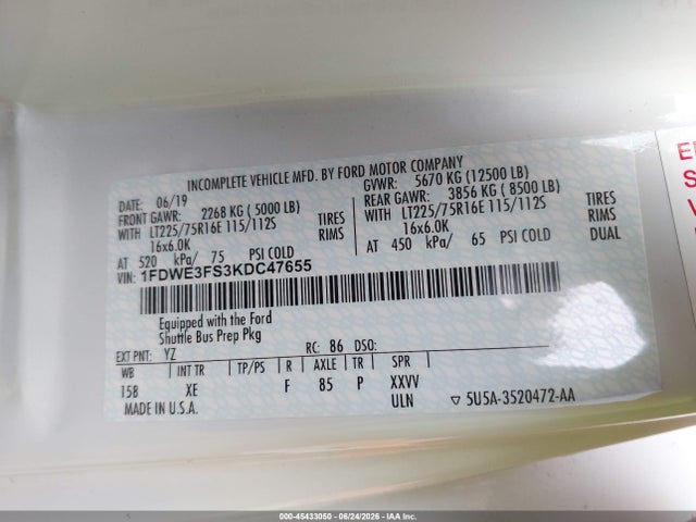 45433050 :رقم المزاد ، 1FDWE3FS3KDC47655 vin ، 2020 Ford E-350 Cutaway مزاد بيع