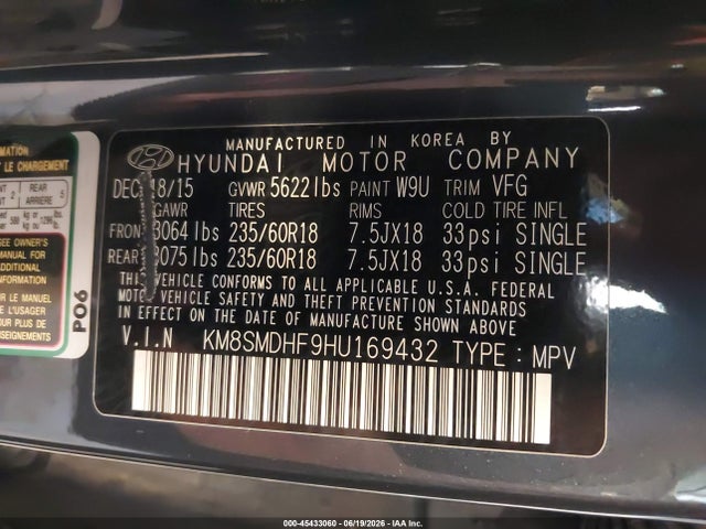 Aukcja sprzedaży 2017 Hyundai Santa Fe Se, vin: KM8SMDHF9HU169432, numer aukcji: 45433060