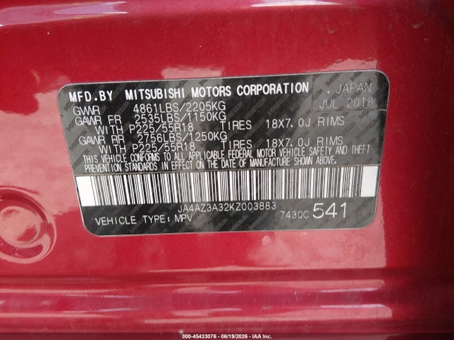 Aukcja sprzedaży 2019 Mitsubishi Outlander Sel, vin: JA4AZ3A32KZ003883, numer aukcji: 45433076