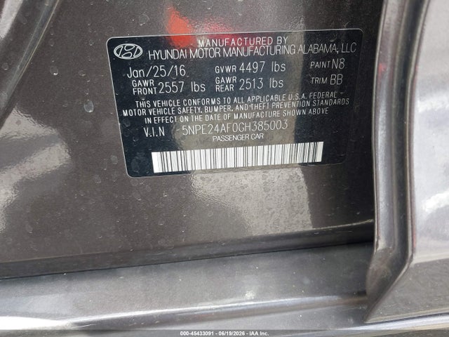 Hyundai SONATA SE 2016 5NPE24AF0GH385003 Image 9