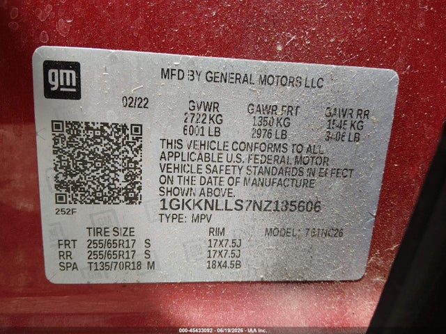 45433092 :رقم المزاد ، 1GKKNLLS7NZ135606 vin ، 2022 Gmc Acadia Awd At4 مزاد بيع