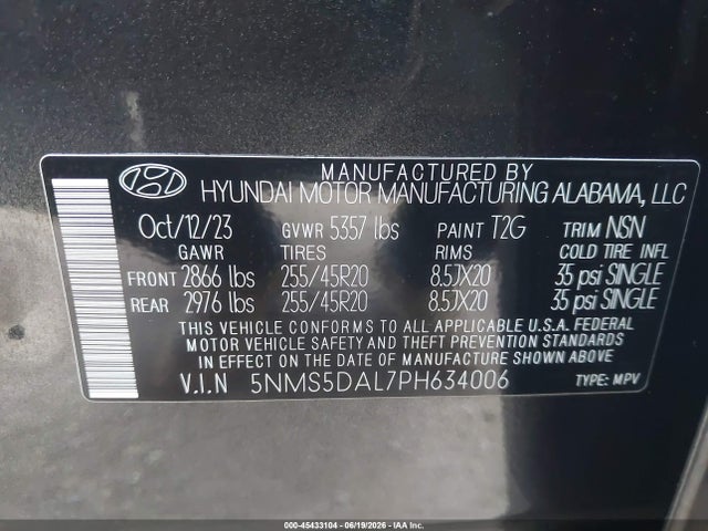 Aukcja sprzedaży 2023 Hyundai Santa Fe Calligraphy, vin: 5NMS5DAL7PH634006, numer aukcji: 45433104