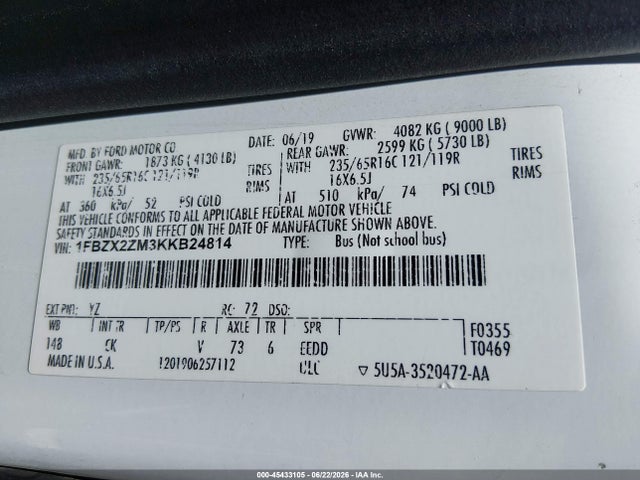 Aukcja sprzedaży 2019 Ford Transit-350 Xl/xlt, vin: 1FBZX2ZM3KKB24814, numer aukcji: 45433105