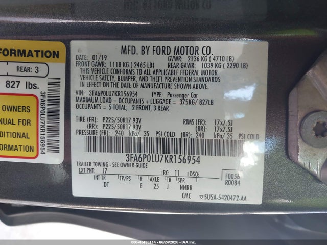 2019 Ford Fusion Hybrid Se მანქანა იყიდება აუქციონზე, vin: 3FA6P0LU7KR156954, აუქციონის ნომერი: 45433114