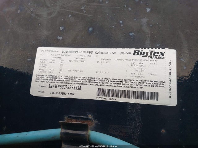 Продаж на аукціоні авто 2023 Big Tex Trailer Co Inc Gooseneck Flatbed, vin: 16V3F4822P6275518, номер лоту: 45433159