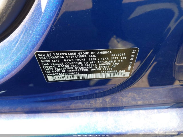 Продаж на аукціоні авто 2016 Volkswagen Passat 1.8t S, vin: 1VWAT7A36GC040151, номер лоту: 45433169