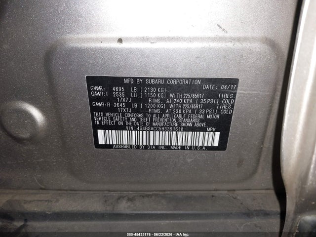 45433176 :رقم المزاد ، 4S4BSACC5H3391618 vin ، 2017 Subaru Outback 2.5i Premium مزاد بيع