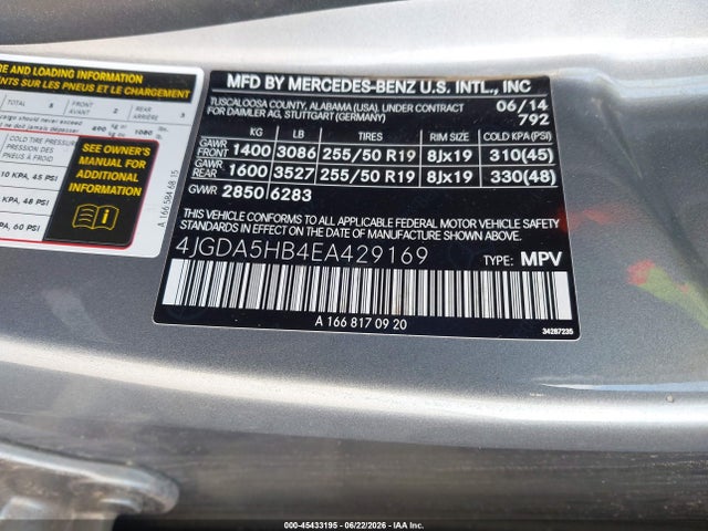 Продаж на аукціоні авто 2014 Mercedes-benz Ml 350 4matic, vin: 4JGDA5HB4EA429169, номер лоту: 45433195