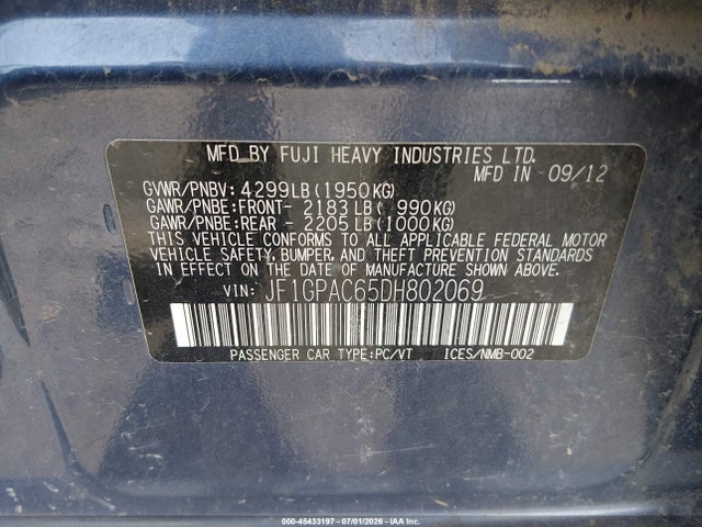 45433197 :رقم المزاد ، JF1GPAC65DH802069 vin ، 2013 Subaru Impreza 2.0i Premium مزاد بيع