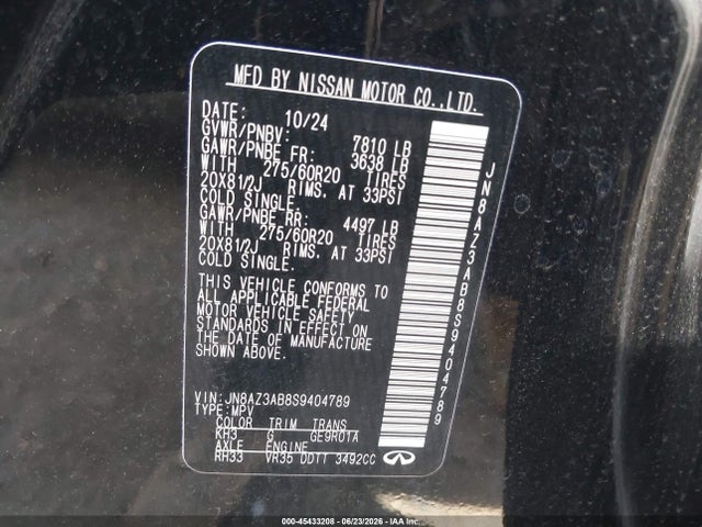 Продажа на аукционе авто 2025 Infiniti Qx80 Pure Awd, vin: JN8AZ3AB8S9404789, номер лота: 45433208