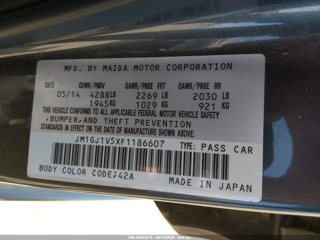 Продаж на аукціоні авто 2015 Mazda Mazda6 I Touring, vin: JM1GJ1V5XF1186607, номер лоту: 45433218