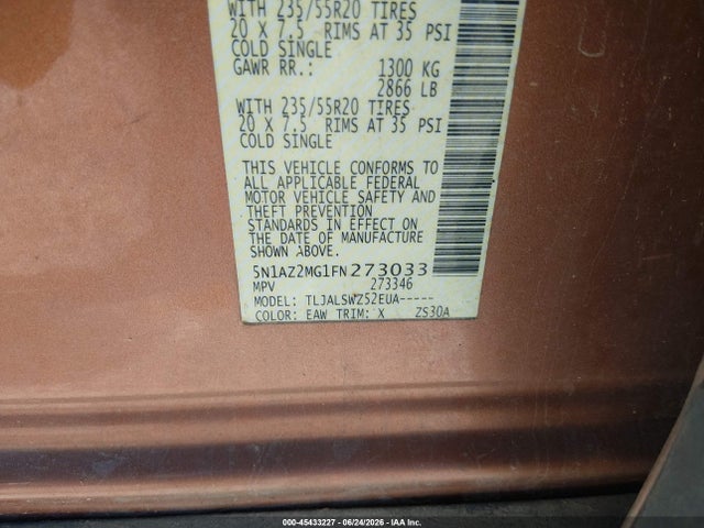 2015 Nissan Murano Platinum მანქანა იყიდება აუქციონზე, vin: 5N1AZ2MG1FN273033, აუქციონის ნომერი: 45433227