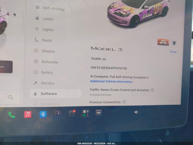 45433230 :رقم المزاد ، 5YJ3E1EAXPF570735 vin ، 2023 Tesla Model 3 Rear-wheel Drive مزاد بيع