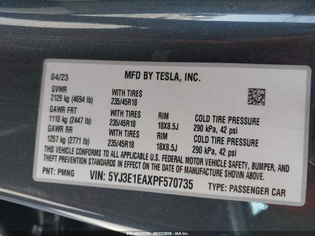 45433230 :رقم المزاد ، 5YJ3E1EAXPF570735 vin ، 2023 Tesla Model 3 Rear-wheel Drive مزاد بيع
