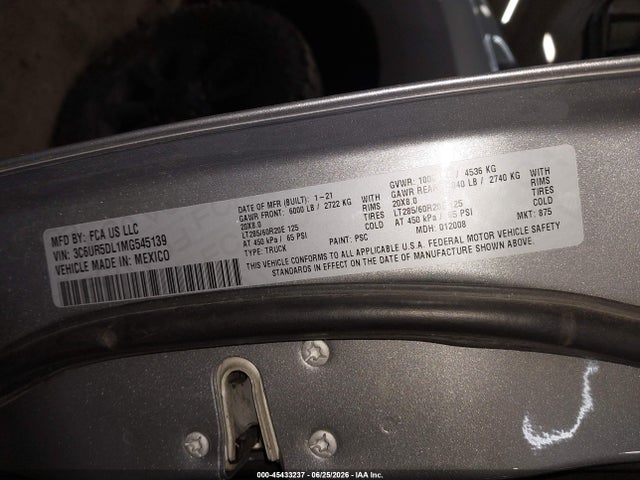 45433237 :رقم المزاد ، 3C6UR5DL1MG545139 vin ، 2021 Ram 2500 مزاد بيع