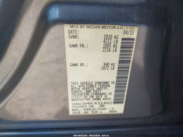Nissan Altima 2.5 S 2015 1N4AL3AP6FC431402 Image 9