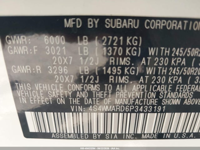 Продажа на аукционе авто 2023 Subaru Ascent Limited 8-passenger, vin: 4S4WMARD6P3433191, номер лота: 45433294