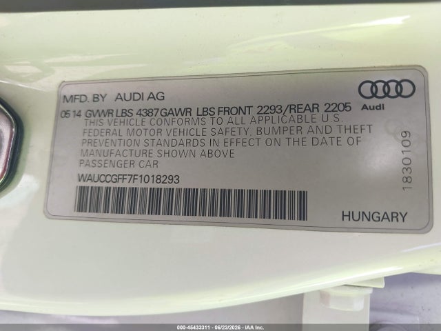 Aukcja sprzedaży 2015 Audi A3 1.8t Premium, vin: WAUCCGFF7F1018293, numer aukcji: 45433311