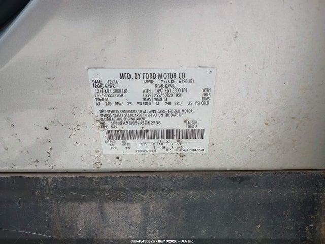 1FM5K7D83HGB52703 Ford EXPLORER XLT