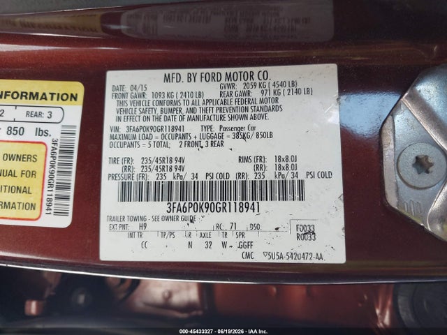 Ford Fusion Titanium 2016 3FA6P0K90GR118941 Image 9